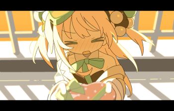 Rule 34 | > <, 1girl, blush, closed eyes, commentary request, daizu (melon-lemon), detached collar, embarrassed, gift, highres, holding, holding gift, incoming gift, leotard, letterboxed, long hair, open mouth, original, single off shoulder, solo, strapless, strapless leotard, two side up, upper body, valentine