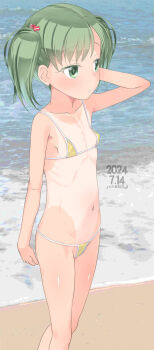 1girl arm_behind_head arm_up bare_arms bare_shoulders bikini breasts collarbone commentary_request dated day green_eyes green_hair groin highres loli micro_bikini navel one-piece_tan original outdoors ribs signature small_breasts solo swimsuit tan tanline twintails water yellow_bikini yone_kinji
