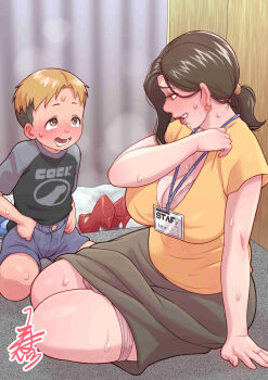 1boy 1girl age_difference blonde_hair blush bra breasts brown_eyes brown_hair ear_piercing earrings embarrassed huge_breasts japanese_text jewelry long_hair looking_at_viewer original panties piercing red_eyes ring short_hair shota sitting size_difference smile sweat underwear zuburoku