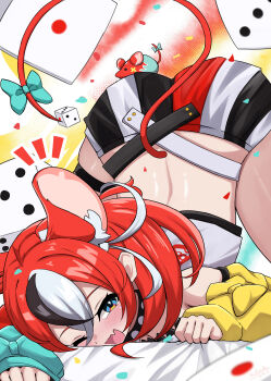 1girl absurdres animal_ears bed_sheet black_choker black_hair blush bow breasts choker dice fang gloves green_bow hakos_baelz hakos_baelz_(1st_costume) hashira_14 highres hololive hololive_english looking_at_viewer median_furrow miniskirt mouse_(animal) mouse_ears mouse_girl mouse_tail mr._squeaks_(hakos_baelz) multicolored_eyes multicolored_hair multicolored_skirt one_eye_closed open_mouth red_hair sheet_grab shiny_skin shirt skin_fang skirt small_breasts smile solo streaked_hair tail tail_bow tail_ornament thigh_strap thighs top-down_bottom-up virtual_youtuber white_hair white_shirt