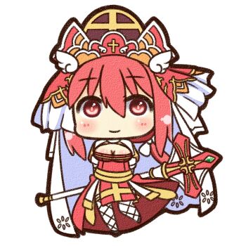 Rule 34 | 1girl, arch bishop (ragnarok online), arms behind back, blush, breasts, canvas texture, chibi, chibi only, cleavage, cleavage cutout, closed mouth, clothing cutout, dress, fishnet thighhighs, fishnets, full body, hat, headdress, holding, holding behind back, holding staff, large breasts, looking at viewer, mitre, ragnarok online, red eyes, red hair, sash, shizukushigure, short hair, simple background, smile, solo, staff, standing, thighhighs, two-tone dress, white background, white dress, white thighhighs, yellow sash