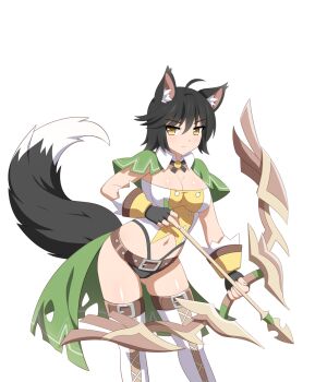 ahoge animal_ears black_panties bow_(weapon) cape fingerless_gloves fox_archer_(sakura_dungeon) fox_ears fox_girl fox_tail gloves highres official_art panties sakura_dungeon short_hair sprite tail thighhighs underwear wanaca weapon white_thighhighs yellow_eyes