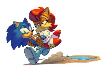 1boy 1girl animal_ears blue_boots blue_eyes blue_fur boots brown_fur brown_hair carrying chipmunk_ears chipmunk_girl commentary english_commentary furry furry_female furry_male gloves green_eyes highres multicolored_shoes princess_carry red_shoes sally_acorn shoes sonic_(series) sonic_the_hedgehog sonic_the_hedgehog_(archie_comics) starrjoy two-tone_shoes water white_gloves white_shoes