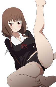 1girl barefoot black_dress black_panties blunt_bangs blush breasts brown_eyes brown_hair coro_fae dress feet foreshortening frontal_wedgie highres iino_miko kaguya-sama_wa_kokurasetai_~tensai-tachi_no_renai_zunousen~ long_hair long_sleeves looking_at_viewer low_twintails medium_breasts panties partially_visible_vulva ribbon school_uniform shuuchiin_academy_school_uniform soles solo thighs toes twintails underwear wedgie