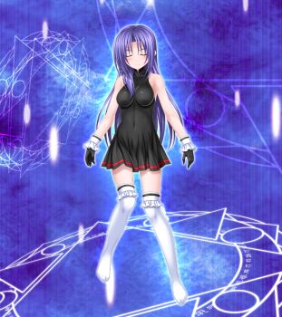 1girl bare_shoulders black_dress black_gloves blue_hair breasts closed_eyes covered_navel dress frilled_thighhighs frills game_cg gloves henshin higuchi_isami impossible_clothes impossible_dress large_variant_set long_hair magic_circle magical_girl mahou_shoujo_sae medium_breasts murakami_shizuru no_shoes non-web_source official_art purple_hair short_dress sleeveless sleeveless_dress solo thighhighs variant_set white_thighhighs wrist_cuffs zettai_ryouiki