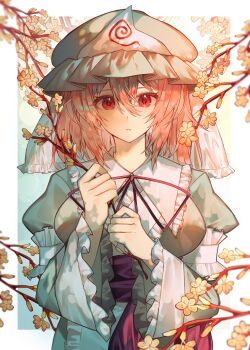 Rule 34 | 1girl, black ribbon, blue hat, blue kimono, breasts, commentary request, flower, frilled shirt collar, frilled sleeves, frills, hair between eyes, hat, highres, holding limb, japanese clothes, juliet sleeves, kimono, large breasts, long sleeves, mob cap, neck ribbon, pink hair, puffy sleeves, red eyes, ribbon, saigyouji yuyuko, short hair, solo, straight-on, touhou, triangular headpiece, ussame, veil, white veil, wide sleeves