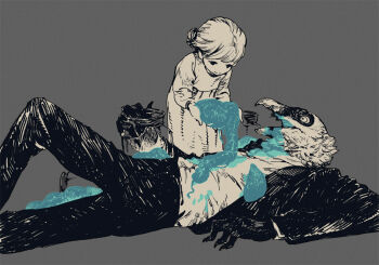 1boy 1girl bearded_vulture bird_boy blood blood_on_clothes blood_on_face blue_blood dress feathers feet_out_of_frame formal_clothes furry furry_male grey_background intestines jacket jar knee_up looking_at_another lying nagabe on_back open_clothes open_jacket open_mouth organs original short_hair simple_background spot_color suit