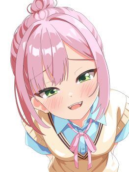 1girl arms_behind_back blue_shirt blush bow bowtie breasts commentary_request green_eyes hair_bun highres long_hair looking_at_viewer mesugaki open_mouth pink_bow pink_bowtie pink_hair shirt simple_background small_breasts smile solo tanikaze_amane tenshi_souzou_re-boot! vest white_background yellow_vest yokoshima_akunusu yuzusoft