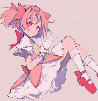 absurdres bow bow_choker bubble_skirt character_name choker chromatic_aberration dress frilled_socks frills from_side full_body gloves hair_bow hand_on_own_chest highres invisible_floor kaname_madoka karins kneehighs knees_up light_smile magical_girl mahou_shoujo_madoka_magica mahou_shoujo_madoka_magica_(anime) open_hand pink_background pink_bow pink_dress pink_eyes pink_hair puffy_short_sleeves puffy_sleeves red_shoes shoes short_hair short_sleeves short_twintails simple_background sitting skirt socks twintails white_gloves white_socks