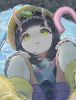 1girl absurdres animal black_hair commentary frog green_eyes hair_between_horns hands_on_own_cheeks hands_on_own_face hat highres horns long_sleeves medium_hair oni open_mouth original puddle reflection skin-covered_horns sky solo squatting tokaki umbrella