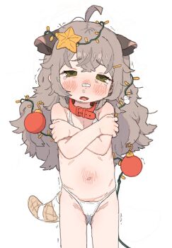 1girl ahoge animal_ears bandaid bandaid_on_face bandaid_on_nose belt_collar bikini blush collar commentary english_commentary extra_ears fang flat_chest green_eyes grey_hair hair_ornament highres loli long_hair macci_(possummachine) navel open_mouth original possummachine red_collar simple_background solo star_(symbol) star_hair_ornament swimsuit tail wavy_hair white_background white_bikini
