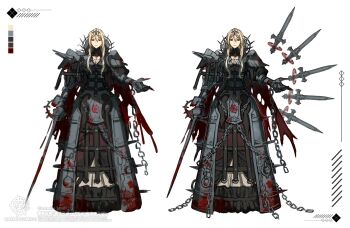 armor armored_dress artist_logo blonde_hair blood blood_on_armor bloody_weapon braid breastplate chain closed_mouth color_guide commentary_request commission crown_braid double-parted_bangs dress eye_mask floating floating_object floating_sword floating_weapon full_body gauntlets hair_between_eyes highres holding holding_sword holding_weapon kashia logo long_sidelocks looking_at_viewer mask metal_mask multiple_views original pauldrons rapier red_eyes red_tiara shoulder_armor sidelocks simple_background skeb_commission sketch_inset spiked_tiara sword tiara watermark weapon white_background zoom_layer