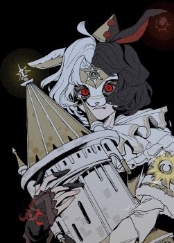 1boy animal_ears black_background black_hair bridal_gauntlets claws commentary_request eye_mask hair_intakes highres identity_v looking_at_viewer male_focus mask multicolored_hair neck_ruff official_alternate_costume perorinsr rabbit_ears red_eyes solo split-color_hair upper_body weeping_clown_(identity_v) weeping_clown_(the_encroached)_(identity_v) white_hair