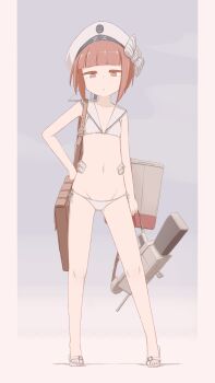 1girl bag bikini blunt_bangs bow brown_bag brown_eyes brown_hair clothes_writing commission flat_chest full_body grey_hair hand_on_own_hip hat hat_bow highres holding kantai_collection parted_lips pixiv_commission player193 sailor_hat sandals short_hair simple_background solo standing striped_bow swimsuit white_bikini white_bow white_hat white_sandals z3_max_schultz_(kancolle) z3_max_schultz_(swimsuit)_(kancolle)