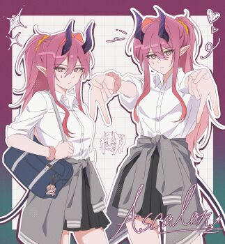 1girl :&lt; amo20839453 arknights ascalon_(arknights) bag black_skirt border buttons cardigan cardigan_around_waist character_name charm_(object) chinese_commentary closed_mouth clothes_around_waist collared_shirt commentary_request cowboy_shot double_gyaru_v dress_shirt gradient_border green_border gyaru_v hair_between_eyes hair_intakes heart highres horns long_hair looking_at_viewer multiple_views outline outside_border pink_border pink_eyes pink_hair pleated_skirt purple_horns school_bag school_uniform scrunchie shirt skirt sleeves_rolled_up sparkle standing teardrop_facial_mark theresa_(arknights) v white_outline white_shirt wrist_scrunchie