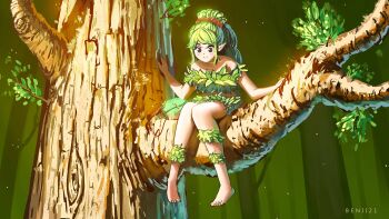 Rule 34 | 1girl, absurdres, barefoot, benii21, black eyes, closed mouth, commentary, dress, dryad, dryad (terraria), forest, full body, green dress, green hair, highres, leaf dress, looking at viewer, nature, pointy ears, ponytail, signature, sitting on branch, smile, solo, terraria, tree