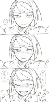 akaneko_(redakanekocat) averting_eyes blush commentary_request embarrassed greyscale highres looking_at_viewer monochrome nose_blush original pixiv_fantasia pixiv_fantasia_last_saga rudia_of_the_moon_smile scar scar_on_face scar_on_forehead sequential short_hair sketch sweat teeth translation_request upper_teeth_only