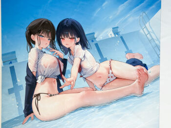 2girls absurdres arm_support bare_legs barefoot bikini bikini_bottom_only black_hair blue_eyes blush breasts cellphone closed_mouth covered_erect_nipples food-themed_hair_ornament food_print frilled_bikini frills fruit_print grin hair_ornament hairclip highres hip_bones ichigo_(mignon) jacket large_breasts long_hair long_sleeves looking_at_viewer medium_hair mignon multiple_girls nanami_(mignon) navel necktie on_water open_clothes open_jacket open_mouth original outdoors phone plaid_bikini plaid_clothes print_bikini red_eyes red_necktie sailor_collar see-through_clothes see-through_shirt shallow_water shiny_skin shirt short_sleeves side-tie_bikini_bottom sitting sitting_on_water small_breasts smile soles stomach strawberry_hair_ornament strawberry_print swimsuit teeth tied_shirt toes tongue tongue_out twintails v water wet wet_clothes wet_swimsuit white_bikini white_sailor_collar white_shirt x_hair_ornament