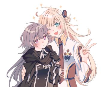 2girls black_gloves black_scarf blonde_hair blue_eyes blush commentary_request emptyayya expressionless fang gloves grey_hair highres hug long_sleeves looking_at_viewer multiple_girls one_eye_closed red_eyes scarf sky_striker_ace_-_raye sky_striker_ace_-_roze smile sparkle v yu-gi-oh!