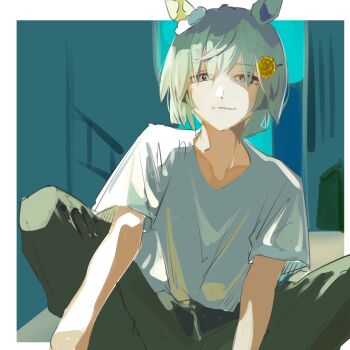 1girl animal_ears blue_eyes closed_mouth ear_covers flower_hairpin green_pants grey_hair hair_between_eyes highres horse_ears horse_girl looking_at_viewer pants seiun_sky_(umamusume) shirt short_hair short_sleeves single_ear_cover smile solo umamusume white_shirt yoojp