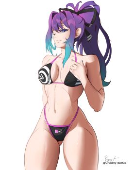 1girl absurdres android anus arm_behind_back bikini black_bikini blue_eyes blue_hair breasts commentary cowboy_shot crunchytoast33 english_commentary hair_ornament hair_ribbon highres large_breasts long_hair melody_(projektmelody) one_eye_closed ponytail profile purple_hair ribbon signature smile solo swimsuit thick_thighs thighs twitter_username virtual_youtuber vshojo