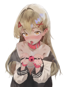 1girl 240mmap absurdres ball_gag bare_shoulders bdsm bondage bound bound_wrists collarbone cuffs drooling female_focus gag gagged handcuffs highres loli long_hair looking_at_viewer open_mouth original restrained simple_background teeth tongue tongue_out ungagged upper_teeth_only very_long_hair white_background wrist_cuffs yellow_eyes