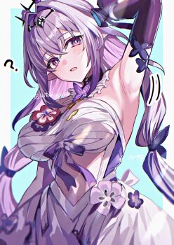 1girl ? absurdres arm_up armpits bare_shoulders blush breasts castorice_(honkai:_star_rail) colored_inner_hair detached_collar dress flower gloves grey_hair highres hitomin_(ksws7544) honkai:_star_rail honkai_(series) large_breasts looking_at_viewer medium_hair multicolored_hair open_mouth pointy_ears purple_eyes purple_gloves purple_hair solo tiara white_dress