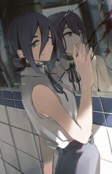 Rule 34 | 1girl, absurdres, artist name, bare arms, bare shoulders, black choker, blood, blood on mirror, blue hair, blue ribbon, blue skirt, broken mirror, chainsaw man, choker, closed mouth, collared shirt, dark blue hair, green eyes, grenade pin, hair between eyes, highres, ice morinaka, mirror, neck ribbon, reflection, reze (chainsaw man), ribbon, shirt, short hair, skirt, sleeveless, sleeveless shirt, smile, solo, tile wall, tiles, white shirt