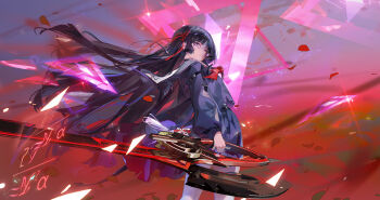 1girl absurdres arm_cutout black_hair black_jacket black_shirt black_skirt breasts chinese_commentary chisa_(wuthering_waves) closed_mouth clothing_cutout commentary_request cowboy_shot from_side hair_ribbon highres holding holding_sword holding_weapon jacket long_hair long_sleeves looking_at_viewer looking_to_the_side medium_breasts neckerchief red_eyes red_neckerchief red_ribbon ribbon shirt skirt solo sword tacet_mark_(wuthering_waves) tracyton weapon wuthering_waves