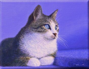acrylic_paint_(medium) animal animal_focus blue_background blue_eyes cat commentary_request dated_commentary keisirou no_humans original painting_(medium) realistic signature traditional_media
