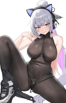 Rule 34 | 1girl, absurdres, animal ear headphones, animal ears, bare arms, bare shoulders, black panties, black shorts, bodysuit, breasts, brown bodysuit, cat ear headphones, cat ears, chest harness, closed mouth, commission, covered navel, fake animal ears, grey hair, harness, headphones, highres, knee up, large breasts, long hair, looking at viewer, micro shorts, multicolored hair, orange eyes, original, panties, ponytail, purple hair, second-party source, shoes, shorts, shorts around one leg, simple background, sitting, sneakers, solo, string panties, tunamayo (dsasd751), two-tone hair, underwear, very long hair, white background, yoi (yakinasu)