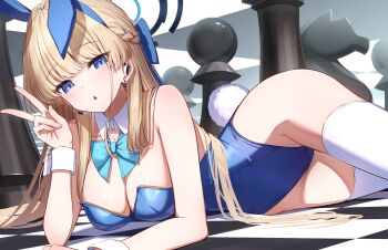 1girl :o absurdres animal_ear_hairband animal_ears aqua_bow aqua_bowtie blonde_hair blue_archive blue_eyes blue_halo blue_leotard blue_streaks bow bowtie breasts cleavage commentary_request detached_collar fake_animal_ears fake_tail hairband halo highleg highleg_leotard highres large_breasts leotard light_blush long_hair looking_at_viewer lying multicolored_hair official_alternate_costume on_side open_mouth playboy_bunny rabbit_ear_hairband rabbit_ears rabbit_tail ringopan solo strapless strapless_leotard streaked_hair tail thighhighs toki_(blue_archive) toki_(bunny)_(blue_archive) v white_thighhighs white_wrist_cuffs wrist_cuffs