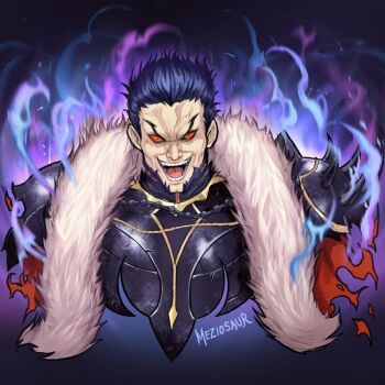 Rule 34 | 1boy, armor, artist name, ashnard (fire emblem), aura, blue hair, colored sclera, commentary, corruption, cropped shoulders, dark aura, facial hair, fire emblem, fire emblem: path of radiance, fur trim, male focus, meziosaur, nintendo, open mouth, red sclera, short hair, solo