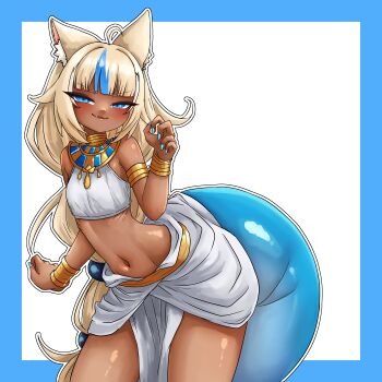 >:) 1girl :3 absurdres ahoge alternate_costume alternate_hairstyle ancient_egyptian_clothes animal_ear_fluff animal_ears arched_back armlet armpit_crease bangle bare_arms bare_shoulders blonde_hair blue_border blue_eyes blue_nails blue_streaks blue_tail blush border bracelet cat_ears cat_girl clenched_hand closed_mouth commentary contrapposto cowboy_shot crop_top dark-skinned_female dark_skin dot_nose english_commentary fang fingernails fins fish_girl fish_tail flat_chest gills gold_armlet gold_bracelet hair_flaps hair_ornament hand_up highres brown_egyptian_cat-eared_loli_(trend) indie_virtual_youtuber jewelry leaning_forward lifted_by_tail long_hair looking_at_viewer low-tied_long_hair midriff multi-tied_hair multicolored_hair nail_polish narrowed_eyes navel outline pelvic_curtain sameko_saba shiny_skin simple_background smile smug solo sphere_hair_ornament streaked_hair superfann tail tan thighs usekh_collar v-shaped_eyebrows very_long_hair virtual_youtuber white_background white_outline white_streaks