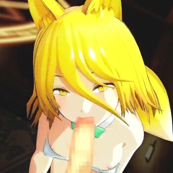 1boy 1girl 3d animal_ears animated blonde_hair bouncing_breasts bow breasts censored collarbone detached_collar fast fellatio fox_ears fox_girl fox_tail from_above green_bow hair_between_eyes hetero kudamaki_tsukasa looking_at_viewer mikumikudance_(medium) mofumoko5 mosaic_censoring nipples nose oral penis playboy_bunny pov short_hair small_breasts tail touhou video yellow_eyes