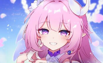 1girl blue_sky commentary_request cyrene_(honkai:_star_rail) cyrene_(ripples_of_past_reverie)_(honkai:_star_rail) diamond-shaped_pupils diamond_(shape) earrings flower hair_flower hair_ornament halo highres honkai:_star_rail honkai_(series) jewelry long_hair looking_at_viewer pink_hair pointy_ears portrait purple_eyes sky smile solo symbol-shaped_pupils two-tone_background very_long_hair white_hair yume_tiem