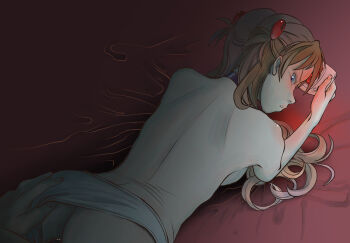 1boy 1girl angry back blue_eyes clothing_aside hand_on_another's_ass hetero horimoto_akira indoors long_hair lying molestation neon_genesis_evangelion on_stomach orange_hair panties panties_aside souryuu_asuka_langley underwear white_panties wide_hips