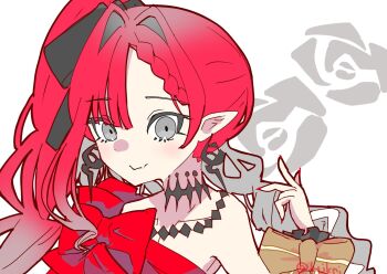 1girl baobhan_sith_(exhibition_attire)_(fate) baobhan_sith_(fate) baobhan_sith_(swimsuit_pretender)_(third_ascension)_(fate) bare_shoulders blush cropped downscaled dress earrings fang fate/grand_order fate_(series) grey_eyes hair_ribbon hashtag-only_commentary highres jewelry ktjkni long_hair looking_at_viewer pink_hair pointy_ears red_dress resized ribbon side_ponytail skin_fang smile solo upper_body white_background