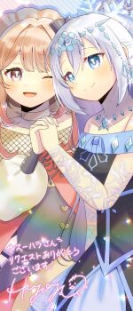 2girls ;d bare_shoulders black_dress blue_eyes brown_eyes brown_hair character_request closed_mouth collarbone commentary_request commission diagonal-striped_background dress duel_monster grey_hair highres holding_hands interlocked_fingers kou_hiyoyo long_hair long_sleeves multiple_girls off-shoulder_dress off_shoulder one_eye_closed open_mouth puffy_long_sleeves puffy_sleeves signature skeb_commission smile striped_background translation_request yu-gi-oh!