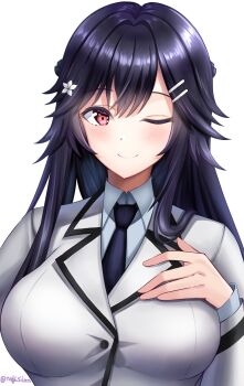 1girl absurdres black_hair breasts hair_between_eyes hair_ornament hairclip highres kage_no_jitsuryokusha_ni_naritakute! long_hair looking_at_viewer nagisilon nishino_akane one_eye_closed red_eyes school_uniform simple_background smile solo white_background