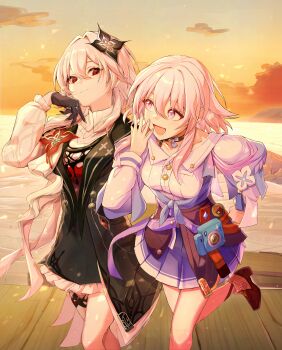 2girls :d absurdres black_gloves breasts buttons camera choker commentary_request dress earrings evernight_(honkai:_star_rail) flower gloves hair_flower hair_ornament highres honkai:_star_rail honkai_(series) jewelry layered_dress looking_at_another march_7th_(honkai:_star_rail) march_7th_(preservation)_(honkai:_star_rail) multicolored_eyes multiple_girls off_shoulder open_mouth overskirt pink_hair pleated_skirt red_eyes shirt shoes skirt smile strap syobonira thigh_strap two-tone_eyes