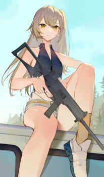 1girl absurdres blush brown_hair brown_shoes brown_socks car crop_top flat_chest girls'_frontline girls'_frontline_2:_exilium gun h&amp;k_usc heckler_&amp;_koch highleg highleg_panties highres holding holding_weapon leva_(girls'_frontline_2) long_hair looking_at_viewer motor_vehicle official_alternate_costume on_car one_side_up panties ren_huozhe scar scar_across_eye scar_on_face shoes short_shorts shorts side-tie_panties sitting smile socks solo string_panties submachine_gun thong torn_clothes trigger_discipline ump45_(girls'_frontline) underwear weapon yellow_eyes