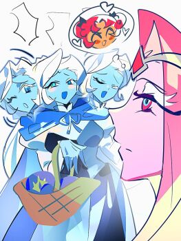 Rule 34 | 3girls, basket, blue eyes, blue skin, cloak, colored skin, cookie run, cookie run: kingdom, dress, eternal sugar cookie, highres, holding, holding basket, hollyberry cookie, hood, hooded cloak, humanization, long hair, long sleeves, looking at viewer, multiple girls, pcacao, puffy sleeves, shadow milk cookie (female), simple background, slit pupils, smile, very long hair, white hair