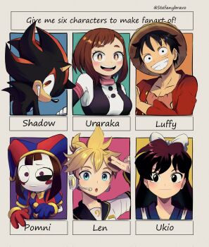 3boys 3girls :d :o alternate_eye_color artist_name asymmetrical_gloves black_eyes black_fur blue_eyes blush_stickers boku_no_hero_academia bow character_name clenched_teeth closed_mouth collarbone colored_skin commentary crossover english_commentary english_text furry furry_male gloves grin hair_bow hat hat_bell headset hedgehog_boy highres jester jester_cap jester_costume kagamine_len kuonji_ukyou mismatched_gloves monkey_d._luffy multicolored_eyes multicolored_fur multicolored_hat multiple_boys multiple_girls one_piece open_mouth orange_eyes pomni_(the_amazing_digital_circus) ranma_1/2 red_fur shadow_the_hedgehog smile sonic_(series) spiked_hair steffybs straight_hair straw_hat striped_clothes striped_headwear superhero_costume teeth the_amazing_digital_circus two-tone_eyes two-tone_fur uraraka_ochako vertical-striped_clothes vertical-striped_headwear vocaloid white_bow white_skin