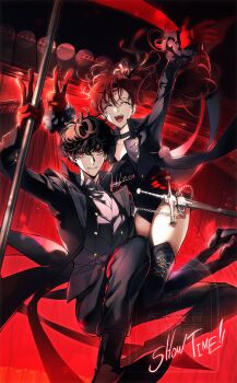1boy 1girl absurdres amamiya_ren artist_name black_choker black_coat black_hair black_pants black_shirt black_thighhighs choker closed_eyes coat commentary dated english_commentary english_text full_body gloves grin hand_on_another&#039;s_hip highres joker_(persona_5) long_hair looking_at_viewer open_mouth pants persona persona_5 persona_5_the_royal ponytail red_eyes red_gloves red_hair shirt short_hair smile sword teeth thighhighs upper_teeth_only v violet_(persona_5) watermark weapon yoshizawa_kasumi yoteh