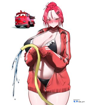 1girl absurdres animification artist_name bikini black_bikini blush breasts cars_(movie) cleavage commentary cowboy_shot english_commentary english_text furrowed_brow genderswap genderswap_(mtf) highres holding hose huge_breasts jacket looking_at_viewer messy_hair navel nisp_art nose_blush partially_unzipped plump red_(cars) red_hair red_jacket reference_inset short_hair simple_background sleeves_past_fingers sleeves_past_wrists solo standing sweatdrop swimsuit tearing_up thighs topknot water white_background zipper