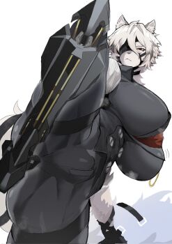 1girl animal_ear_fluff animal_ears animal_nose black_pants black_vest breasts collared_vest eyepatch furry furry_female genderswap genderswap_(mtf) hair_between_eyes highres huge_breasts large_breasts leg_up pants prosthesis prosthetic_leg red_eyes solo standing standing_on_one_leg tail tenko_(dos_704277) thick_thighs thighs vest von_lycaon white_fur white_hair wolf_ears wolf_girl wolf_tail zenless_zone_zero