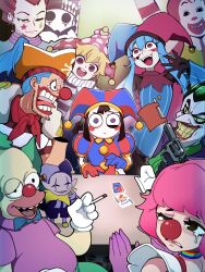 absurdres ace_attorney ascot balatro batman_(series) bongftah buggy_the_clown character_request cigarette clown clown_nose clownpiece crazy_eyes crazy_smile crossover dc_comics deltarune evil_smile facepaint geiru_toneido gloves gun hat highres hisoka_morow hunter_x_hunter it_(stephen_king) jester_cap jevil jimbo_(balatro) krusty_the_clown looking_at_viewer mcdonald&#039;s multiple_crossover one_piece pennywise phoenix_wright:_ace_attorney_-_spirit_of_justice pippi_panini_(basedbinkie) pirate_hat pointy_ears pomni_(the_amazing_digital_circus) red_ascot red_lips ronald_mcdonald sharp_teeth smile table teeth the_amazing_digital_circus the_joker the_simpsons touhou trait_connection utdr_(toby_fox) weapon white_gloves wide_mouth