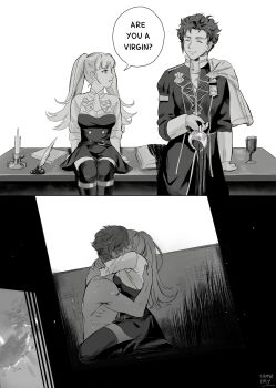 1boy 1girl 2koma are_you_a_virgin?_(meme) arms_around_neck book candle claude_von_riegan closed_eyes clothed_sex comic cup desk english_text fire_emblem fire_emblem:_three_houses girl_on_top hilda_valentine_goneril inkwell kiss looking_at_another monochrome nintendo quill school_uniform sex sitting skirt speech_bubble spilling straddling sweat tamafry teacup thighhighs twintails vaginal