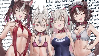 4girls animal_ears animal_print between_breasts bibi_biscuit breasts brown_hair cawfy chisaka_airi collar dog_ears dog_tail fox_ears gram_pico hair_ribbon large_breasts leopard_print midriff multicolored_hair multiple_girls navel necktie necktie_between_breasts phase_connect pink_hair purple_eyes ribbon slingshot_swimsuit small_breasts stomach streaked_hair swimsuit tagme tail tenma_maemi text_background virtual_youtuber white_hair wolf_ears wolf_tail